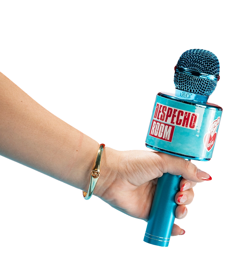A woman's hand holding a blue microphone, ready for a karaoke night at Despecho Room in Garfield, NJ.